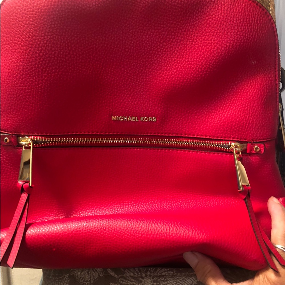 Michael Kors Vibrant Red Pebbled Leather Backpack with Gold Hardware